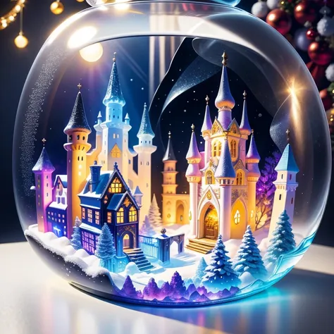 (la best quality,high resolution,ultra detailed,practical)，jelly castle，snow，in the room，christmas decoration，surrounded by chri...