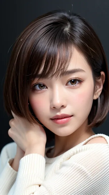 (((close-up of face)))、(((absolutely shoulder-length brown straight short bob)))、(((she is posing like a hair salon model, with ...