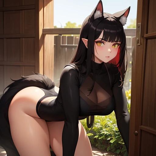 La mujer gato tiene un cuerpo delgado pero musculoso, His hair is black as coal and his eyes are luminous green.. Su piel es suave, reddish brown and has large ears, cola y garras. It is a beautiful and exotic creature, llena de potencia y misterio.