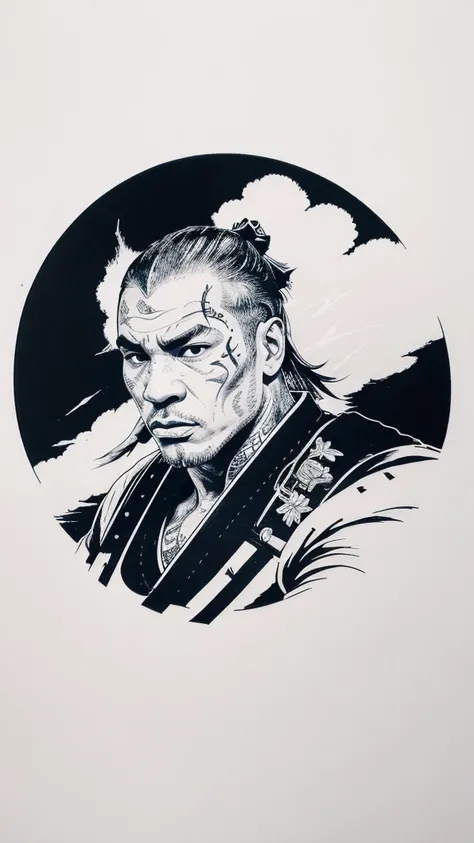 Japanese samurai vector t-shirt printing, estilo de adesivo detalhado, desenho de cor estilo tatuagem, fundo branco, nevoeiro, Chinese Standard Clouds. (Mike Tyson character)