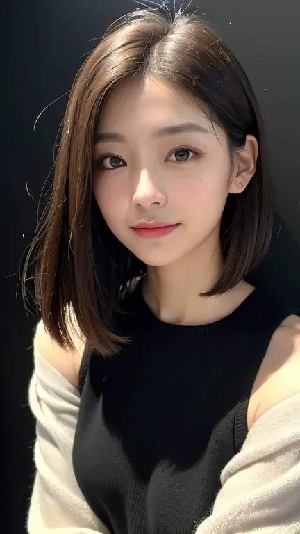 (((close-up of face)))、(((absolutely shoulder-length brown straight short bob)))、(((she is posing like a hair salon model, with ...