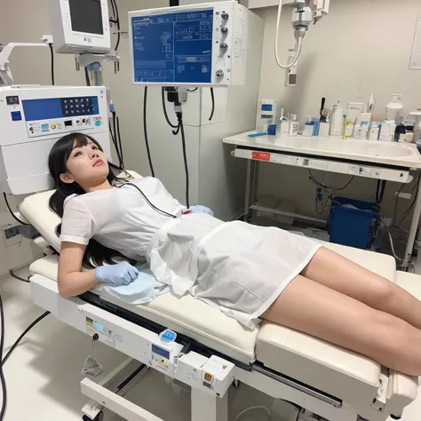 ((top-quality、masutepiece、8K、Top image quality、Hyper-Realism))、(1 Beauty、pure white surgical uniform、huge full breasts、perfect body, Photographing a woman lying on the operating table、Mainly women、Female  body photo、A woman lying on an operating table in a...