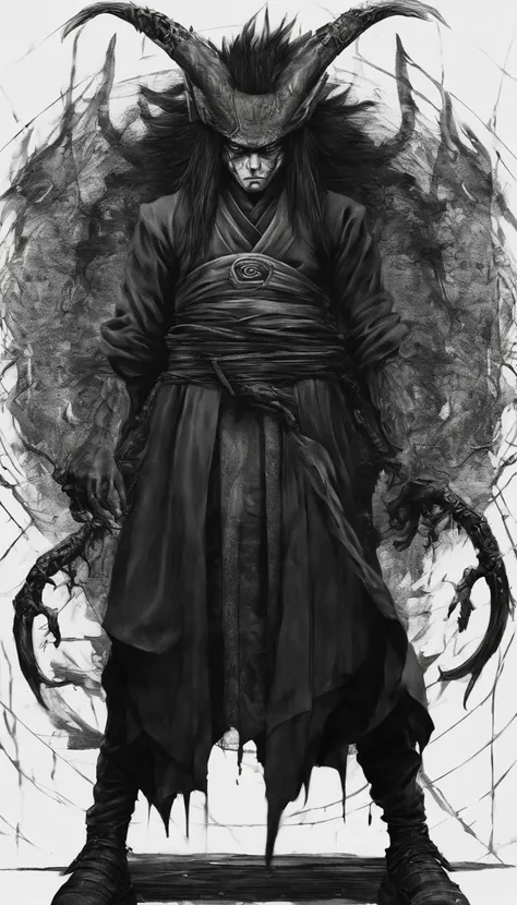 Middle-aged man, Punk drawing style, high-resolution, black color hair, Half is the body of a demon.，Half a demons face, Chinese Warrior, Thin blue three-dimensional flame demon face, Bird, Wear a hat, Expressing anger, perfect body proportions, Kaftan, Bl...