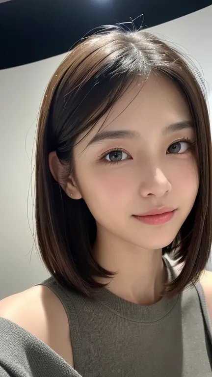 (((close-up of face)))、(((absolutely shoulder-length brown straight short bob)))、(((she is posing like a hair salon model, with ...