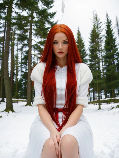 here is a woman with red hair and a white dress sitting in the snow, very long snow colored hair, a sorceress casting a ice ball...