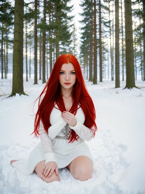 here is a woman with red hair and a white dress sitting in the snow, very long snow colored hair, a sorceress casting a ice ball...