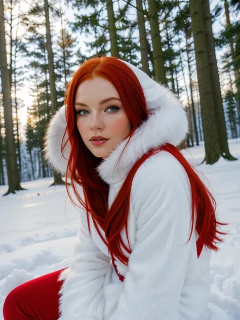 here is a woman with red hair and a white dress sitting in the snow, very long snow colored hair, a sorceress casting a ice ball...