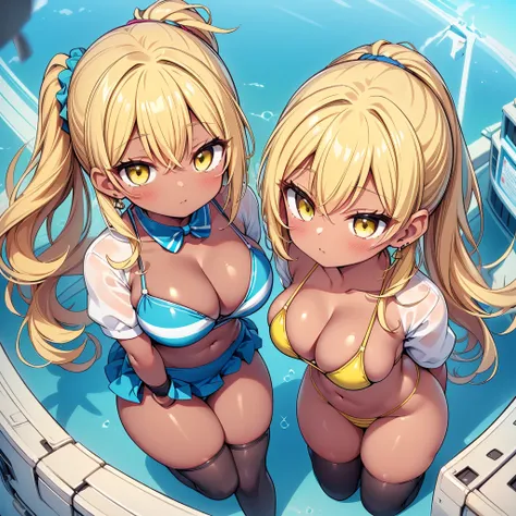 (8K、Best image quality、highest quality、masterpiece)、Detailed face、(2 girls)、Improve、((Brown Skin:1.3))、blonde、Low Ponytail、Scrunchie、Yellow Eyes、Earrings, (glamorous:1.1), (huge breasts:), (Light blue striped micro bikini:1.2), Classroom Background, (black...