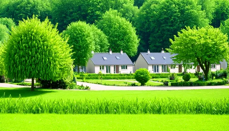 Show houses in a small village and green trees around