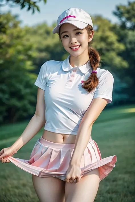 
(highest quality、masterpiece、8k、Best image quality、Award-winning works)、(1 female:1.1)、(alone:1.1)、(Perfect sexy golf wear:1.1)、(White and pink gradient golf wear:1.1)、(mini skirt:1.1)、 (Golf Cap:1.1)、(perfect long ponytail:1.1)、(Very nice breasts:0.2)、(A...