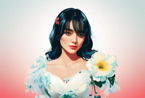 there is a woman with black hair and a flower in her hair, vector art by mads berg, winner of the behance contest, digital art, in digital illustration style, 1950s illustration style, beautiful retro art, stylish digital illustration, beautiful artwork il...