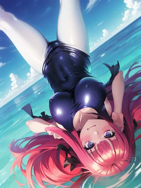 best quality, ultra-detailed masterpiece, nino nakano, large breasts, blush, smile, one-piece swimsuit, pantyhose, upside down, open arms