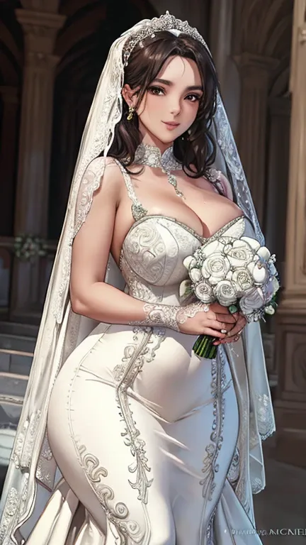 (best quality, 8k, 32k, masterpiece, ultra hd:1.2), beautiful bride, similar to audrey hepburn, (beautifully detailed wedding dr...