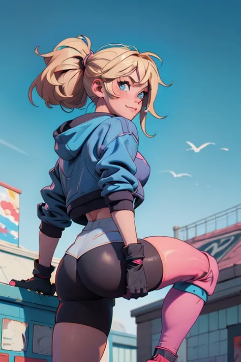 1 masterpiece, 1 girl, blonde hair, medium hair, aquamarine eyes, medium breasts, thighs, thick thighs, wide hips, butt, focus on butt, ass, covered anus, naughty face, nervous smile, blush, sweat, black gloves, black knee pads, blue sweatshirt, clothing,b...