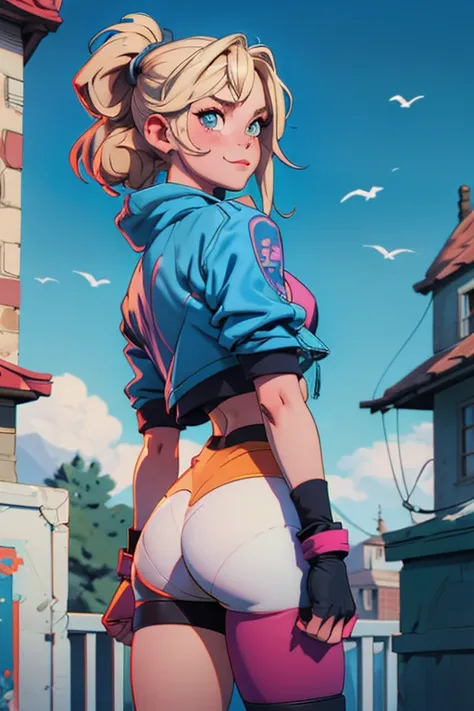 1 masterpiece, 1 girl, blonde hair, medium hair, aquamarine eyes, medium breasts, thighs, thick thighs, wide hips, butt, focus on butt, ass, covered anus, naughty face, nervous smile, blush, sweat, black gloves, black knee pads, blue sweatshirt, clothing,b...