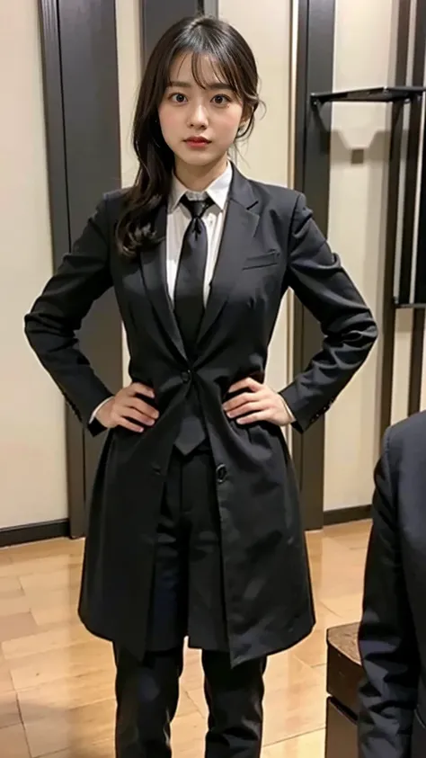 (8k、RAW Photos、highest quality、masterpiece:1.2)、(Realistic、Realistic)、1 girl、((large Black suit、tie、、、uniform、、View from the front、Cute Costumes、Standing with hands on hips))