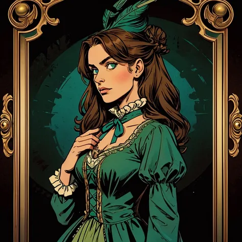 Young beautiful victorian girl with long brown hair in a bun and green eyes. Wearing a blue victorian dress and a top hat with a feather.