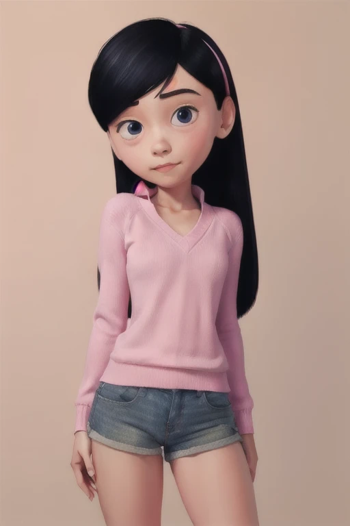 xyzviolet, looking at viewer, beautiful, masterpiece, long hair, black hair, pink sweater, shorts, closeup, portrait