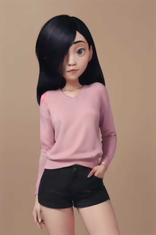 xyzviolet, looking at viewer, beautiful, masterpiece, long hair, black hair, pink sweater, shorts, closeup, portrait