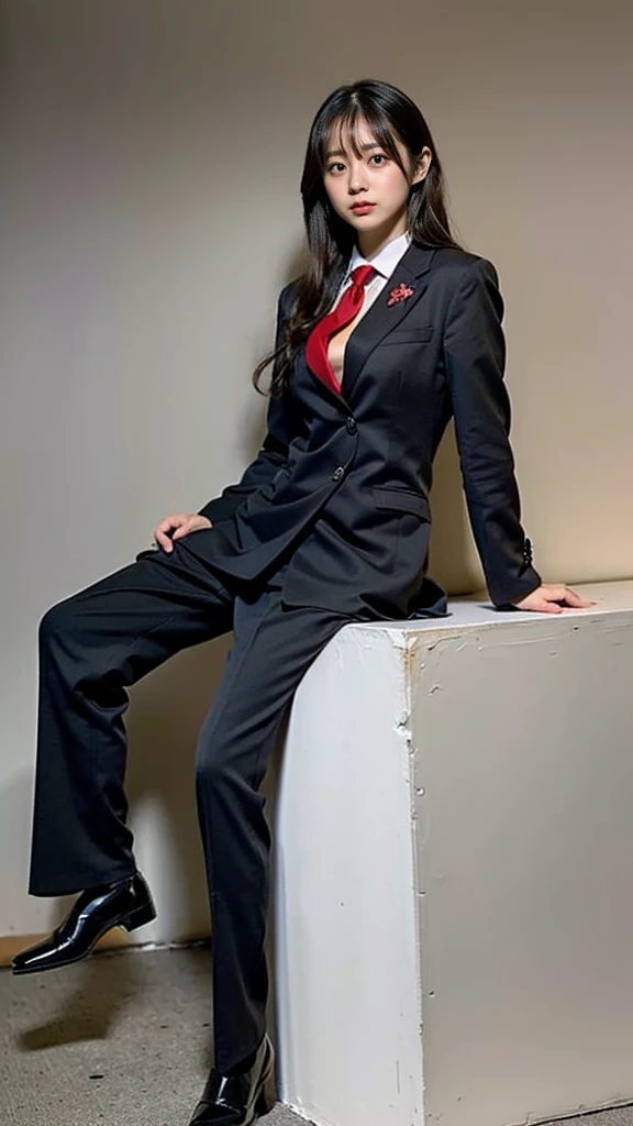 (8k、raw photos、highest quality、masterpiece:1.2)、(realistic、realistic)、1 girl、((large black suit、red tie、、、uniform、、view from the...