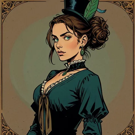 Young beautiful victorian girl with brown hair up in a bun and green eyes. Wearing a navy blue victorian dress and a top hat with a feather. With jewelry