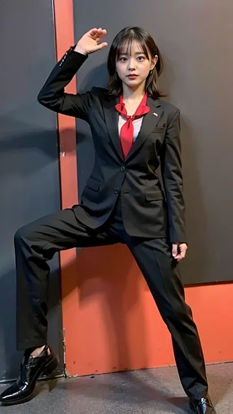 (8k、RAW Photos、highest quality、masterpiece:1.2)、(Realistic、Realistic)、1 girl、((large Black suit、red tie、、、uniform、、View from the front、Cute Costumes、Standing with hands on hipassage the breasts、Wide Stride、Leg spread、Bow-legged、sexy))