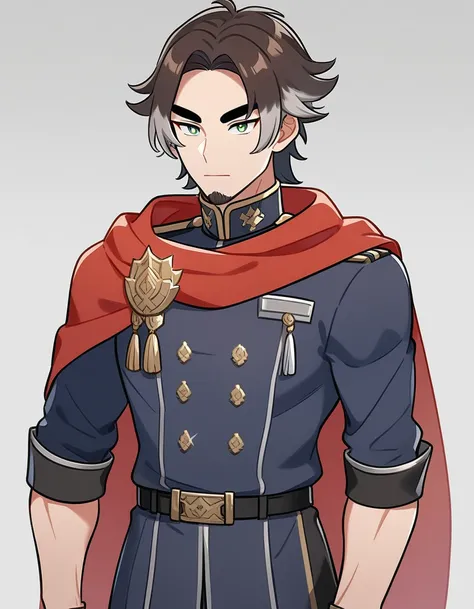 1man, derpixon, fandeltales, parted bangs, short gray hair, silver colored tips two-tone hair, multicolored dark brown hair, solo, thick eyebrow, masculine handsome prince, short beard, green eyes, black pupils, lens eye, red cape, dark-blue military unifo...