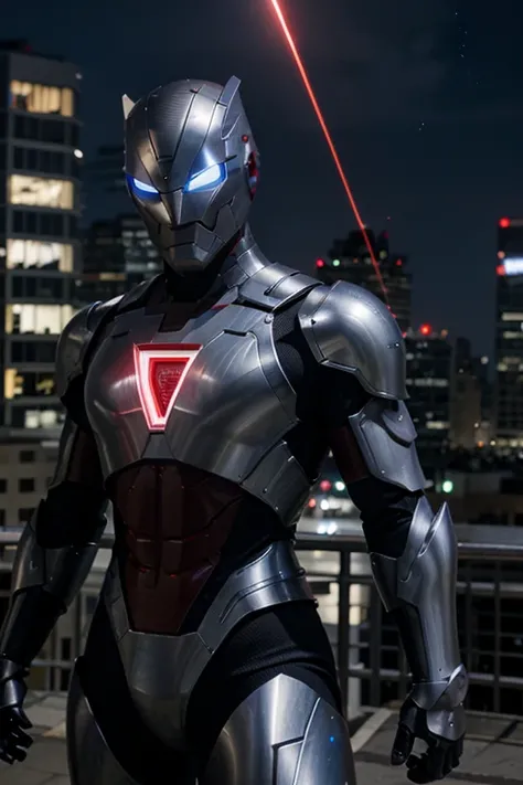 superhero robot, has laser powers, lasers are red, has silver armor, has blue eyes, and lives in city