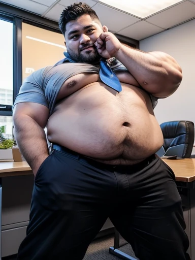 An enormous giant, wearing nothing at all, stands in the middle of an office street. The giant is excessively sweaty, with his shirt completely soaked in sweat, showcasing the details of his glistening physique. He defiantly opens his long tie, revealing h...