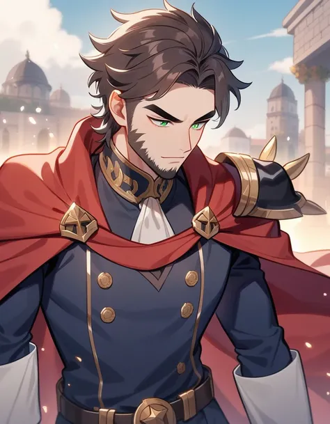 1man, derpixon, fandeltales, parted bangs, short gray hair, silver colored tips two-tone hair, multicolored dark brown hair, solo, thick eyebrow, masculine handsome prince, beard, green eyes, black pupils, lens eye, red cape, dark-blue military uniform, st...