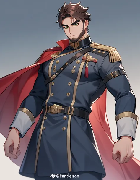 1man, derpixon, fandeltales, parted bangs, short gray hair, silver colored tips two-tone hair, multicolored dark brown hair, solo, thick eyebrow, masculine handsome prince, beard, green eyes, black pupils, lens eye, red cape, dark-blue military uniform, st...