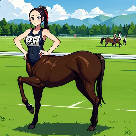 many centaur women.
 they are all athletes.
 all participants are wearing numbered bibs..
 her hairstyle exposes her forehead.
 ...