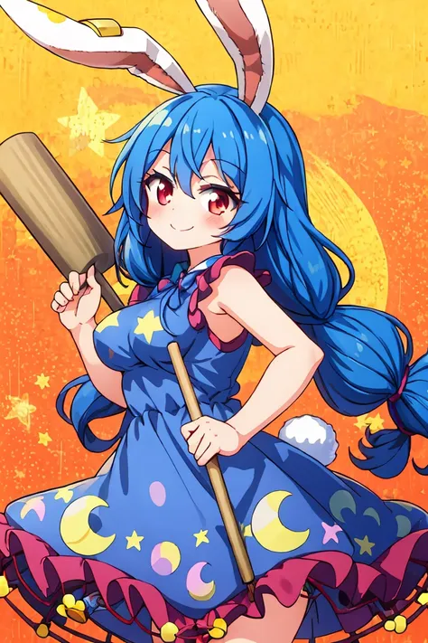 blue dress breasts, long hair, blue hair, rabbit ears, animal ears, frills, red eyes, looking at viewer, blush, crescent print, star print, smile, kine, holding a mallet with a fighting pose