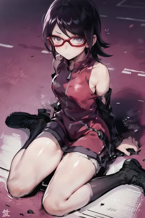 1girl, sarada uchiha\(boruto\), gym uniform, buruma, kneehighs, sneakers, wariza, from above, wooden floor, blush, glaring, dept...