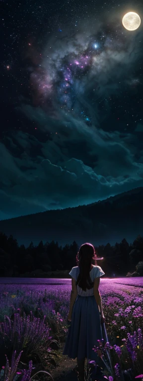 expansive landscape photograph , (a view from below that shows sky above and open field below), a girl standing on flower field looking up, (full moon:1.2), ( shooting stars:0.9), (nebula:1.3), distant mountain, tree BREAK
production art, (warm light sourc...