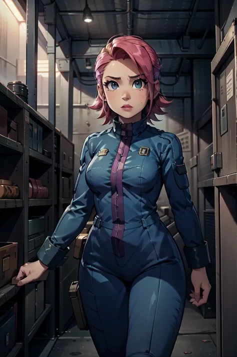 mayl sakurai reimagined as a vault dweller, doing maintenance in an underground vault. her vibrant pink hair stands out against ...