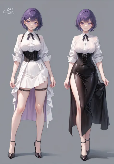 purple hair,short cut hair,adult female,bartender,((body harness)),((rolling up your sleeves shirt)),(corset),(long skirt),(slit...