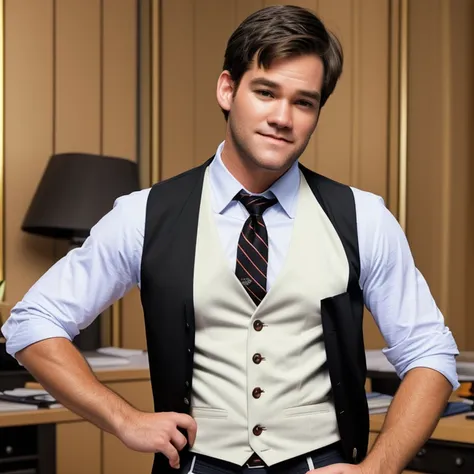 young man, twenty years old, short trimmed dark brown hair, bangs combed back, 1990s blazer and vest clothing, photorealistic, realistic, photorealism, indoor, photo studio, natural light, mark-paul gosselaar with black hair