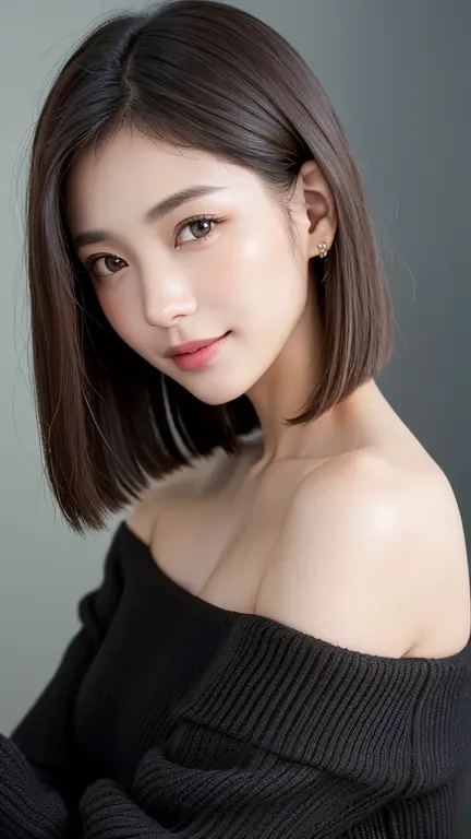 (((close-up of face)))、(((absolutely shoulder-length brown straight short bob)))、(((she is posing like a hair salon model, with ...