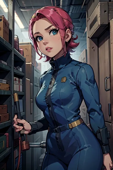 mayl sakurai reimagined as a vault dweller, doing maintenance in an underground vault. her vibrant pink hair stands out against ...