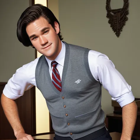 young man, twenty years old, short trimmed dark brown hair styled like a politician, 1990s preppy clothing, sweater vest and necktie, photorealistic, realistic, photorealism, indoor, photo studio, natural light, mark-paul gosselaar with black hair