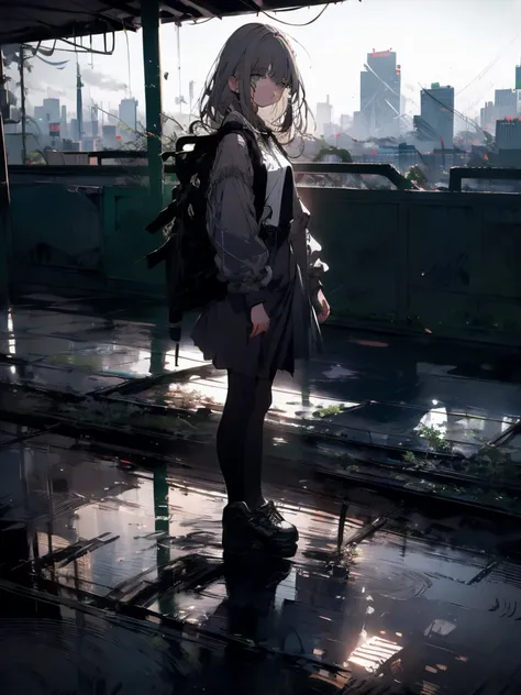 masterpiece, highest quality, High resolution, One girl, alone, bangs，
Faded tones, Monochrome, Cool girl, 長いbangs, hipster, Gray Hair, Full Body Shot, Monochrome, Detailed face, Beautiful Eyes, black, green,  Large blurry background, Rooftop at dawn, Shot...