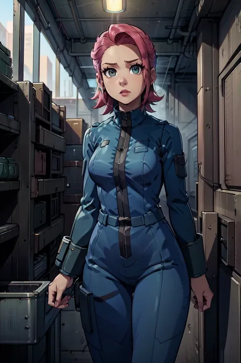 mayl sakurai reimagined as a vault dweller, doing maintenance in an underground vault. her vibrant pink hair stands out against ...