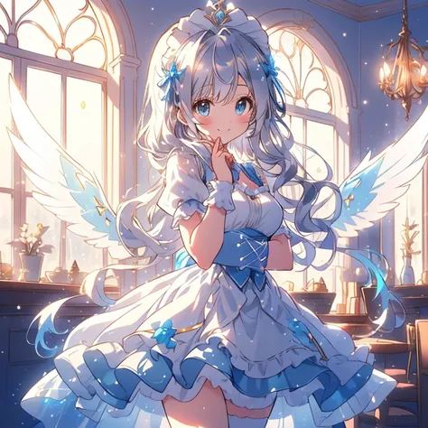 A young girl with sparkling round blue eyes, smiling expression, soft and gentle aura, anime style. Full body. She wears a fluffy, elaborate, cute maid outfit in blue, decorated with delicate, detailed ribbons and lace. Her hair is wavy silver with light b...