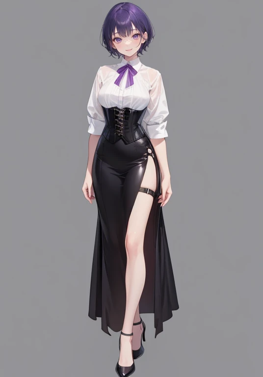 Purple hair,short cut hair,Adult female,Bartender,((Body harness)),((Rolling up your sleeves shirt)),(Corset),(Long skirt),(slit),High heels,((Simple background)),Smile,((Full body)),((whole body)),Character Sheet,