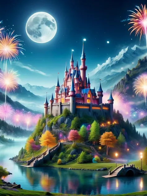 (a mysterious dream castle:1.5), night，(moon:1.5)，(bubbles)，(fireworks:1.5)，dreams，(psychedelic)，(neon light)，in dreams，a hidden...