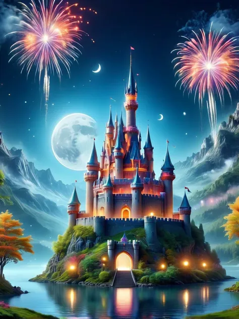 (a mysterious dream castle:1.5), night，(moon:1.5)，(bubbles)，(fireworks:1.5)，dreams，(psychedelic)，(neon light)，in dreams，a hidden...