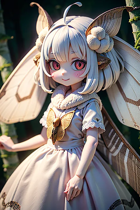 solo,1woman\(cute,kawaii,small kid,skin color white,short white hair,(big moth wing hair:1.7),white dress\(beautiful race\),(2mo...