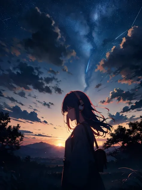 sunset、hill、cloud、long hair、woman、silhouette、back view、beautiful starry sky、look up at the sky、the wind is blowing、wide sky、head...