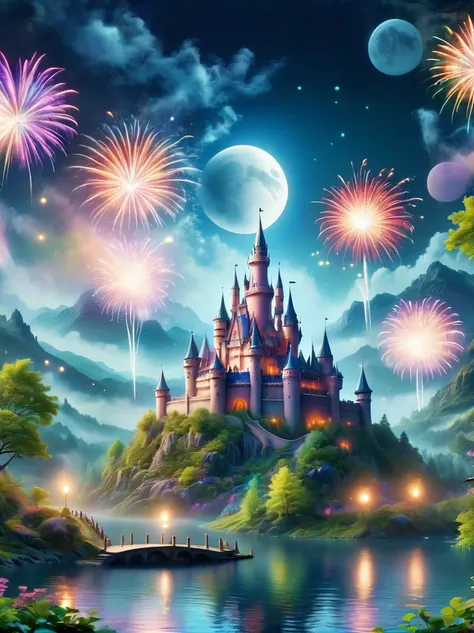 (a mysterious dream castle:1.5), night，(moon:1.5)，(bubbles)，(fireworks:1.5)，dreams，(psychedelic)，(neon light)，in dreams，a hidden...